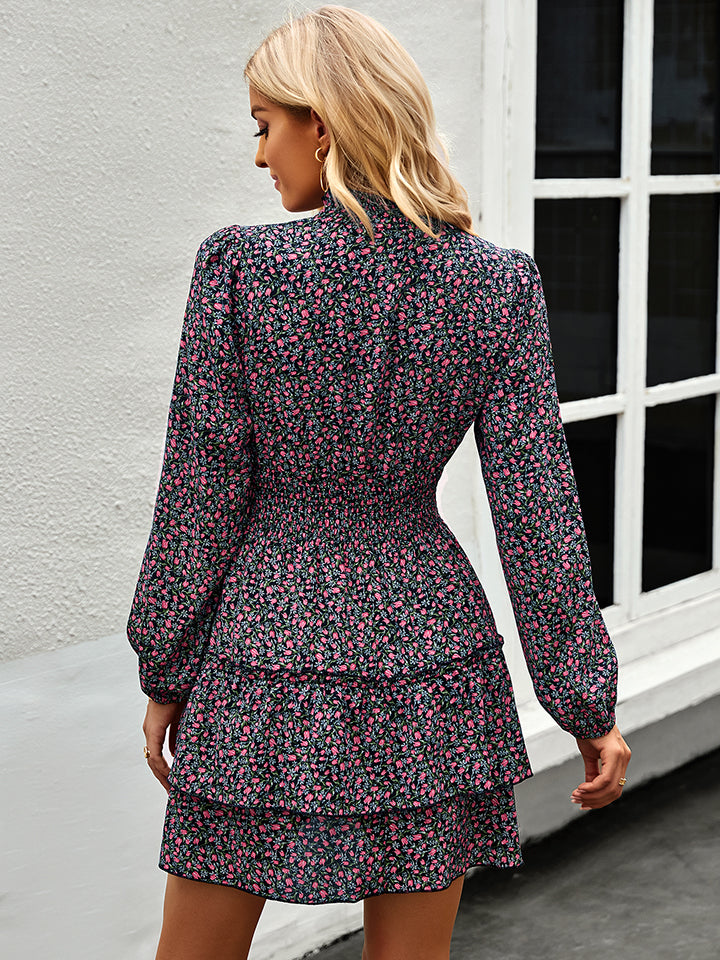 Floral Ruffle Collar Smocked Waist Layered Dress