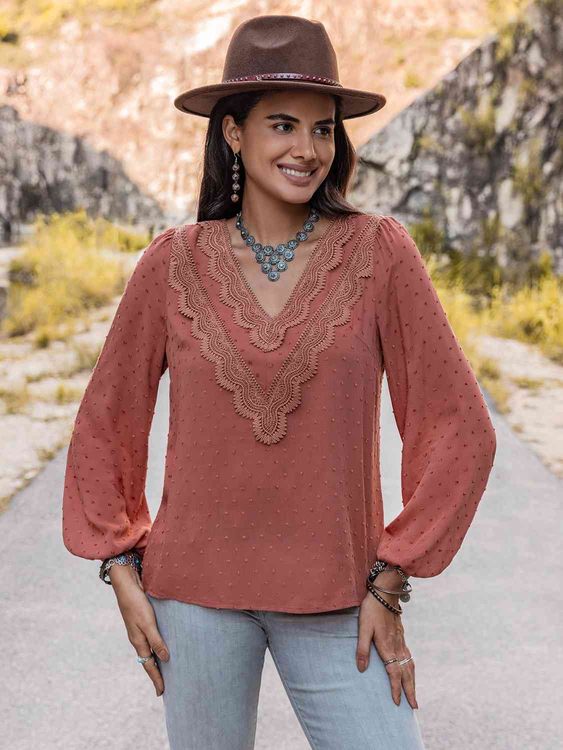 Swiss Dot V-Neck Blouse
