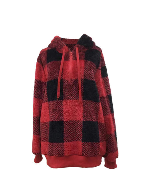 Plaid Half Zip Drawstring Hoodie