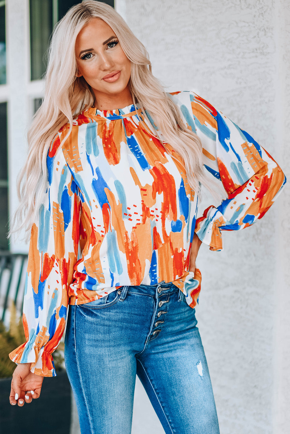 Paint Print Ruffle Collar Flounce Sleeve Top