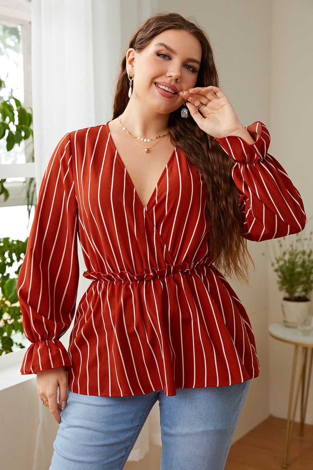 Plus Size V-Neck Frill Trim Blouse