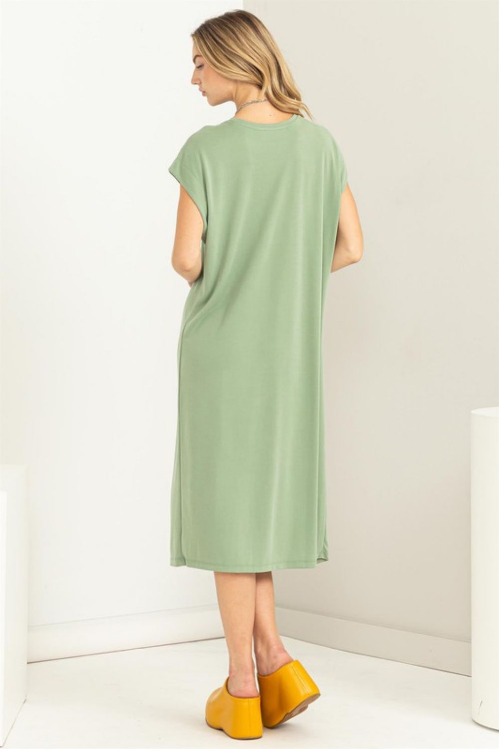 HYFVE Round Neck Midi Tee Dress in Matte Olive