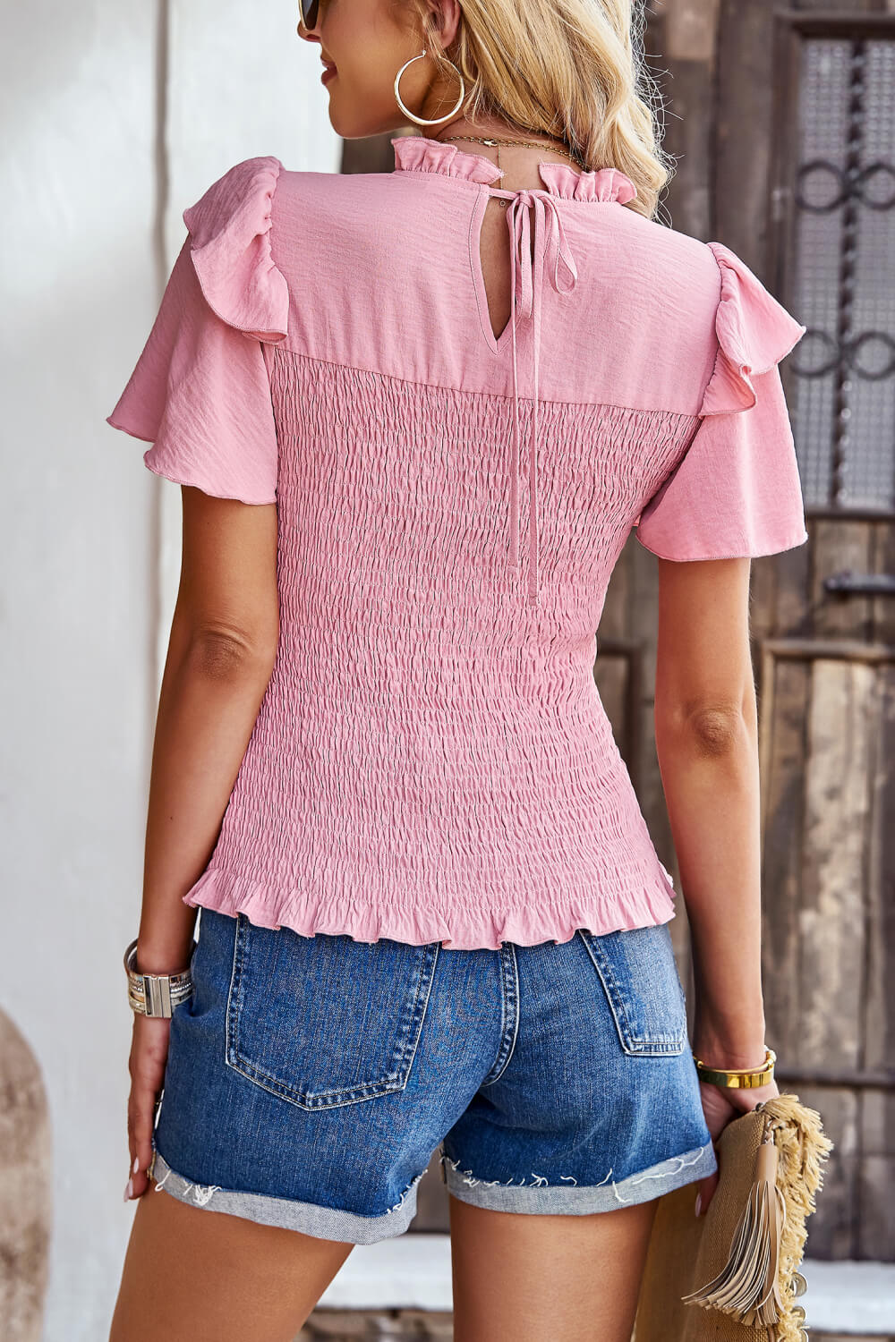 Smocked Tie Back Flutter Sleeve Blouse