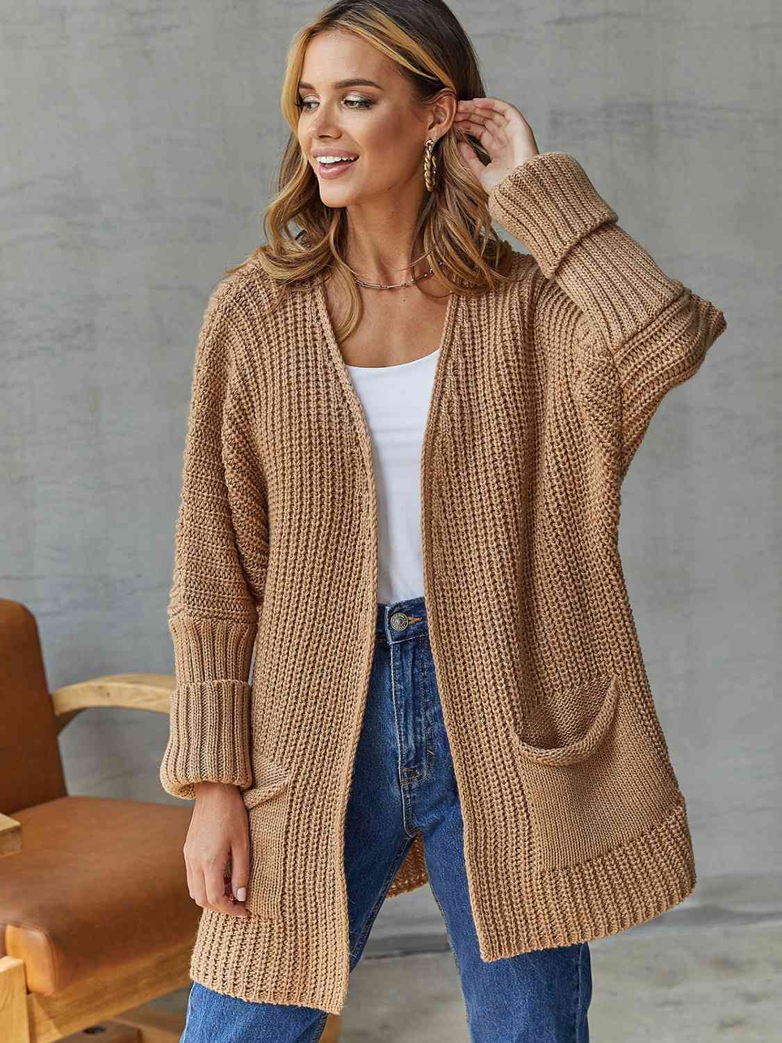 Open Front Long Sleeve Cardigan with Pockets