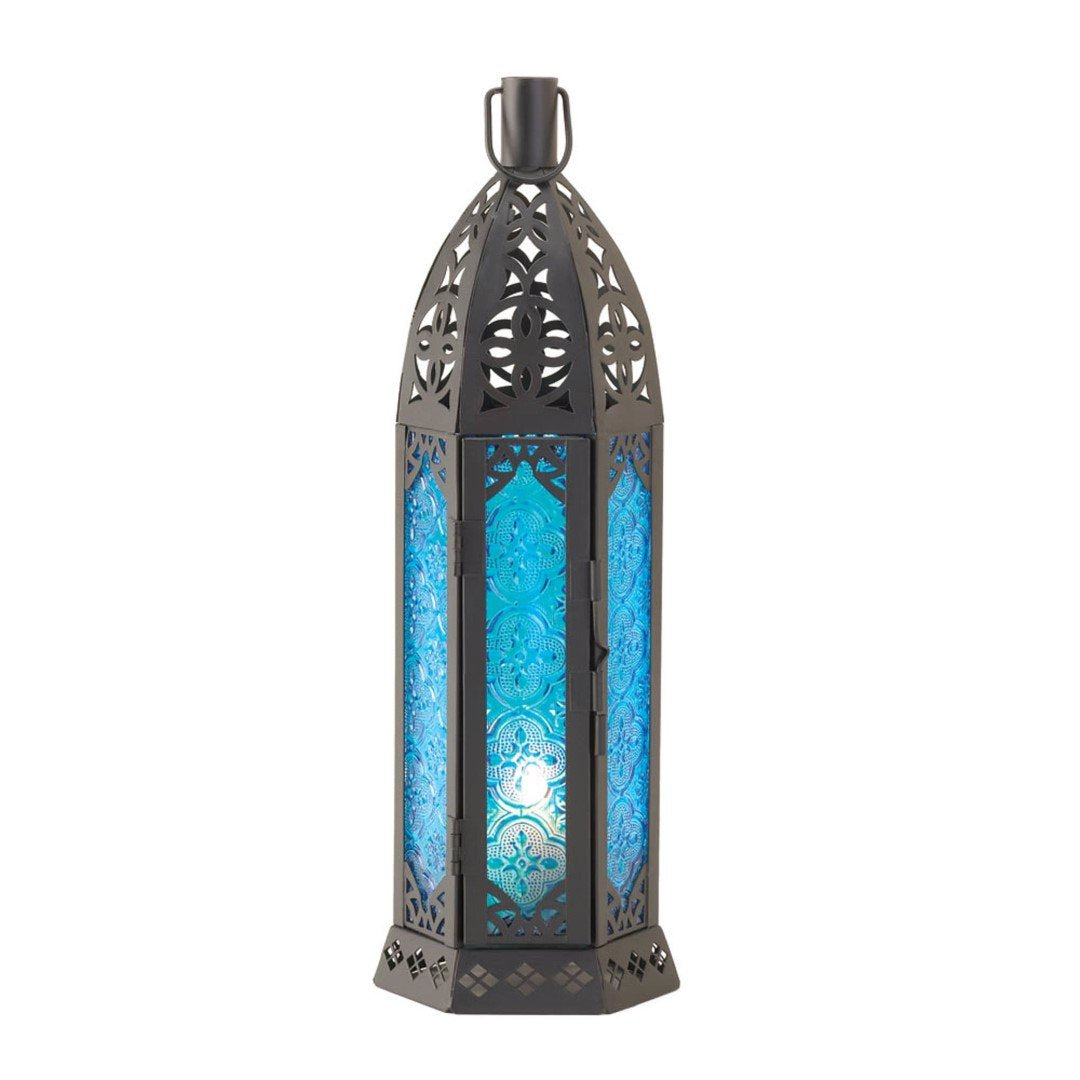 Tall Floret Blue Candle Lantern 