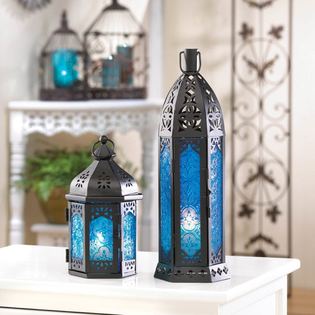 Tall Floret Blue Candle Lantern 