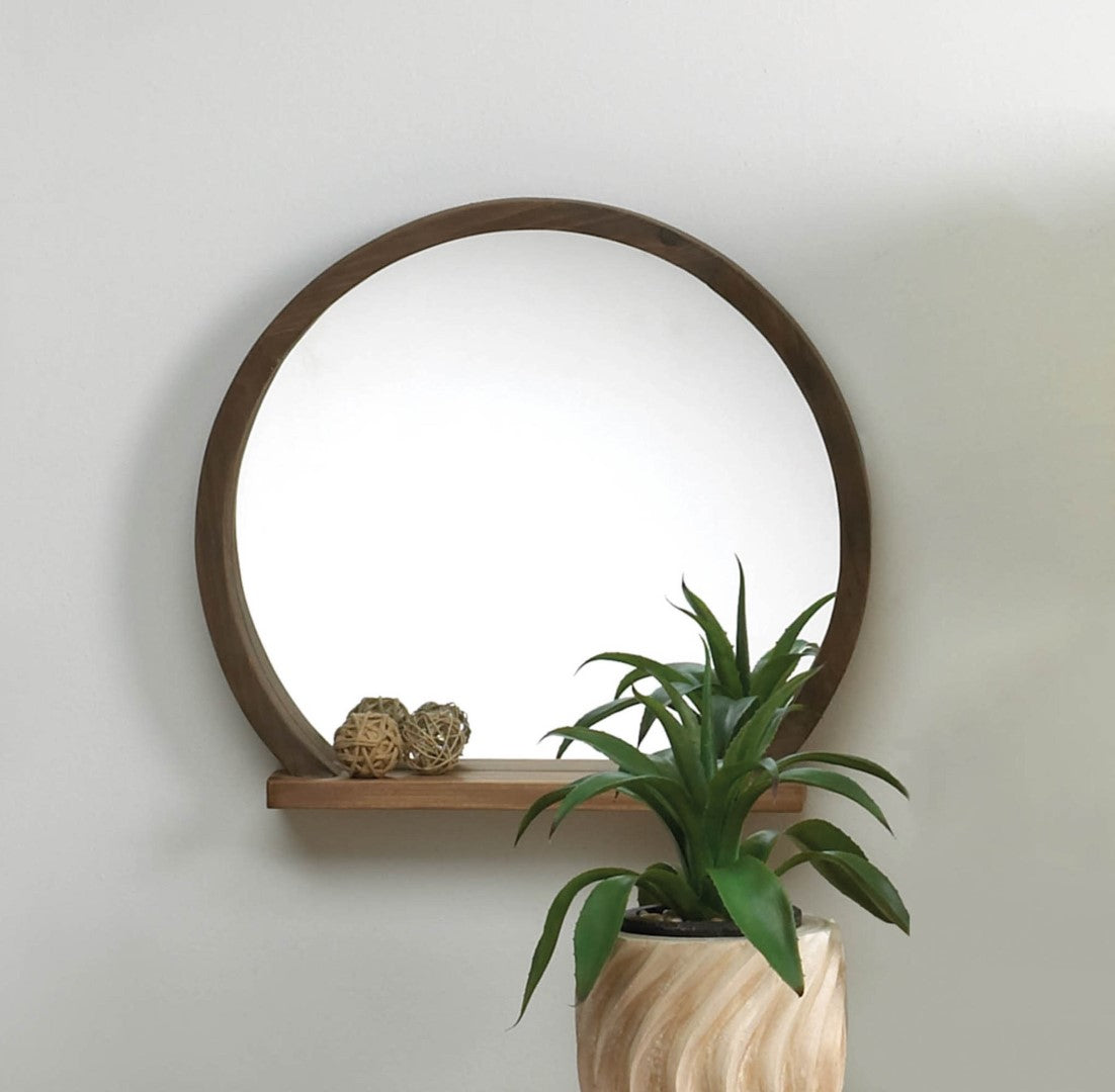 Round Wooden Mirror With Shelf 