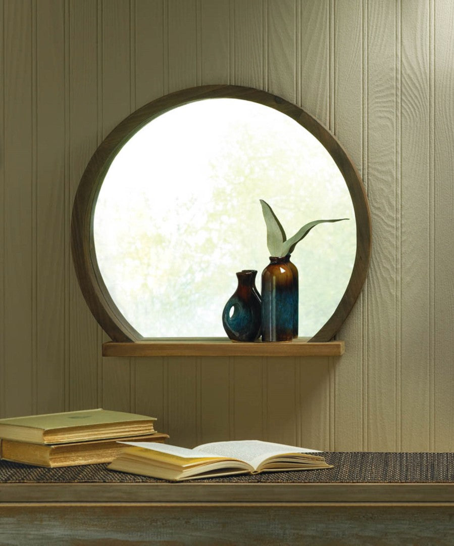 Round Wooden Mirror With Shelf 