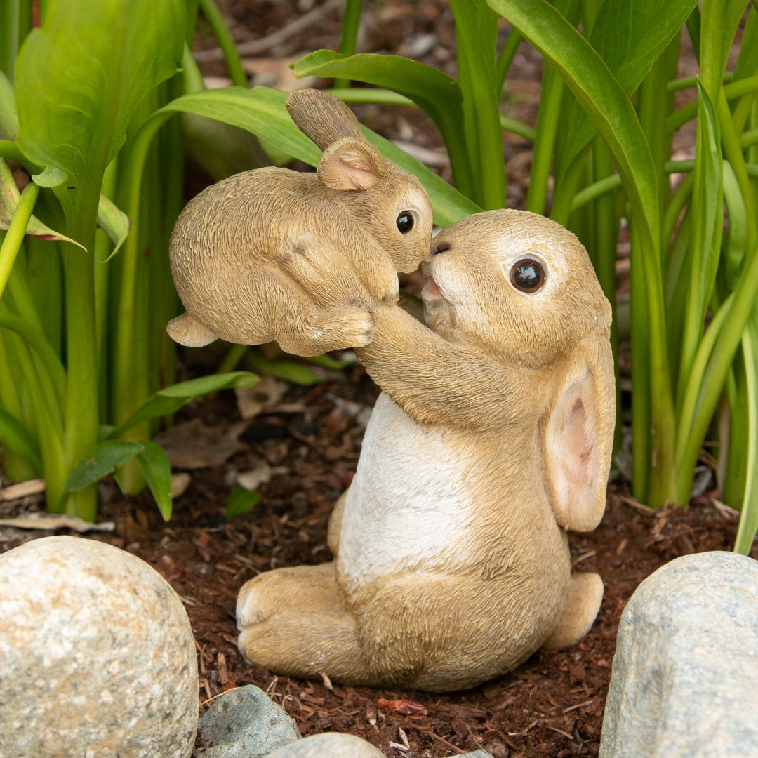 Playful Mom And Baby Rabbit Figurine 