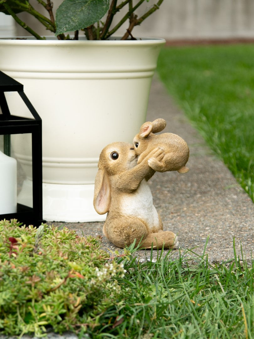 Playful Mom And Baby Rabbit Figurine 