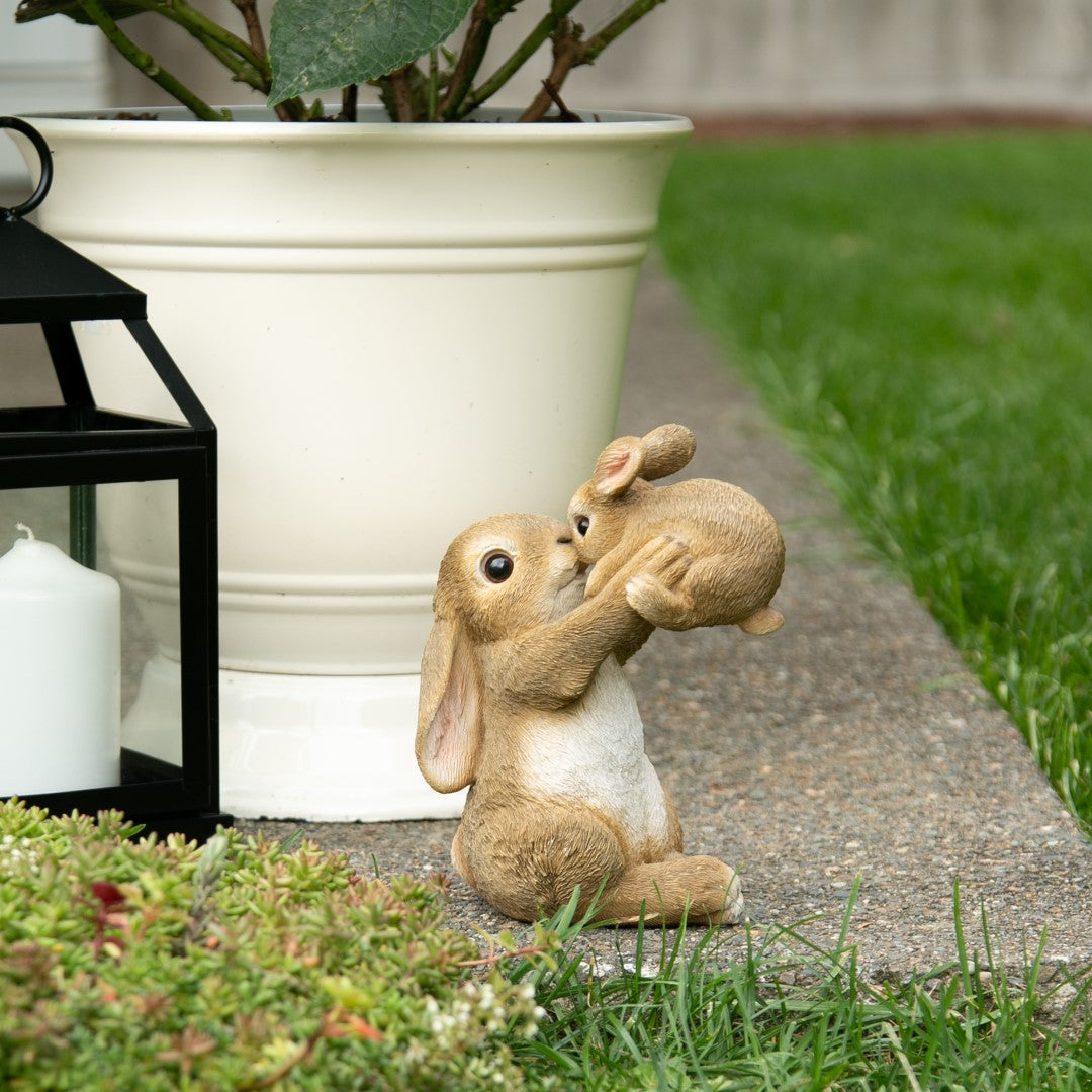 Playful Mom And Baby Rabbit Figurine 