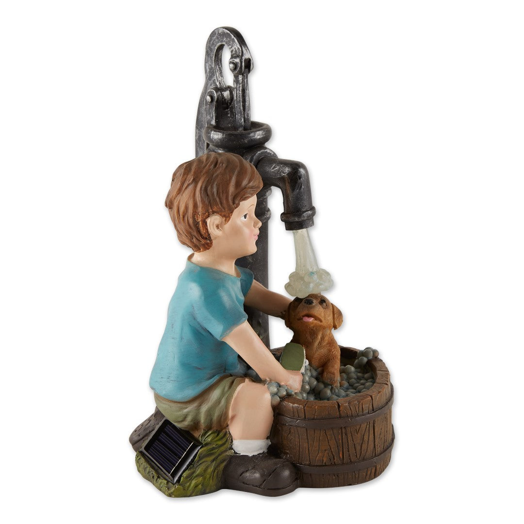 Boy And Dog Solar Garden Statue 