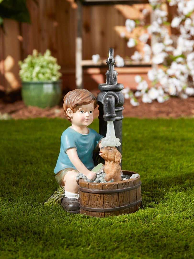 Boy And Dog Solar Garden Statue 