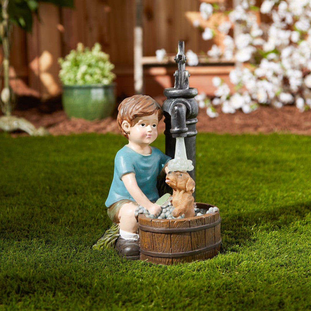 Boy And Dog Solar Garden Statue 