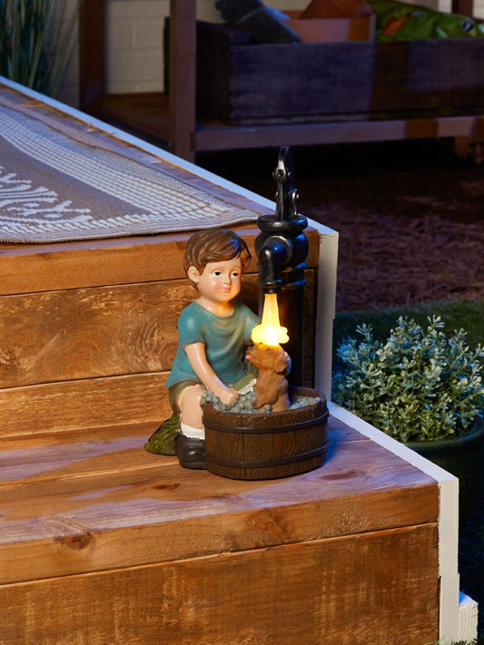 Boy And Dog Solar Garden Statue 