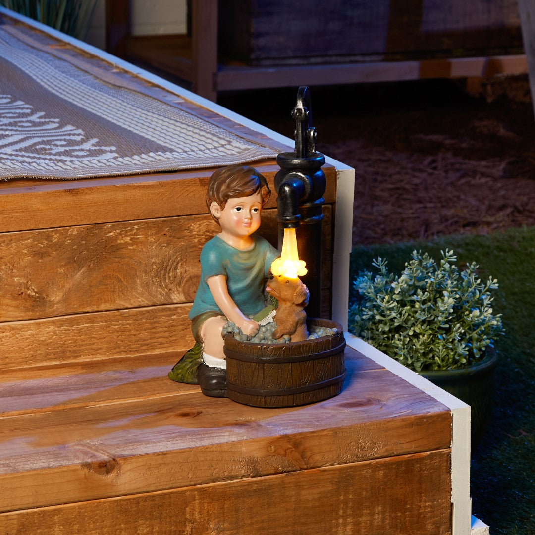 Boy And Dog Solar Garden Statue 