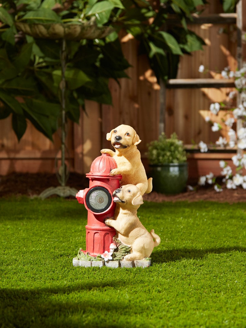 Dogs And Fire Hydrant Solar Statue 