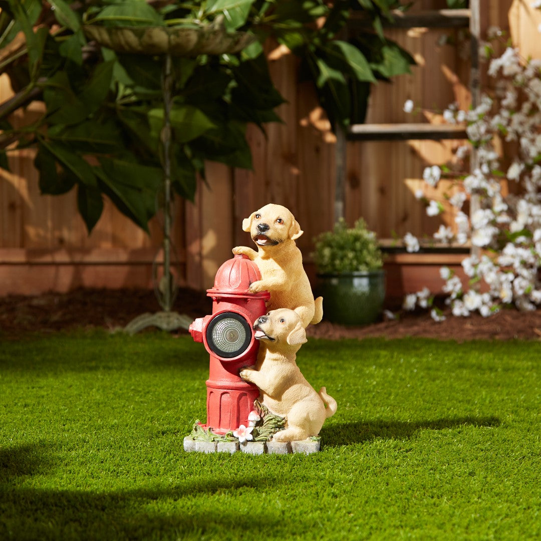 Dogs And Fire Hydrant Solar Statue 