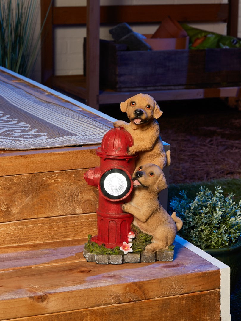 Dogs And Fire Hydrant Solar Statue 