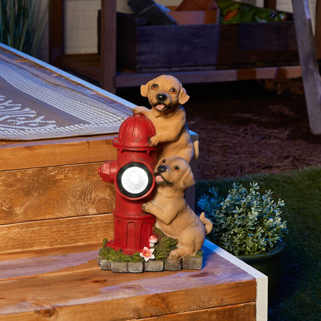 Dogs And Fire Hydrant Solar Statue 