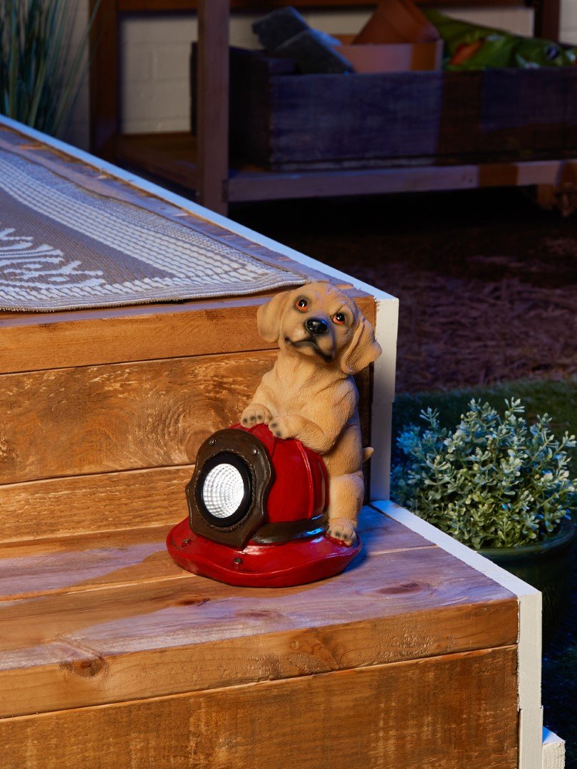 Dog And Fire Helmet Solar Statue 