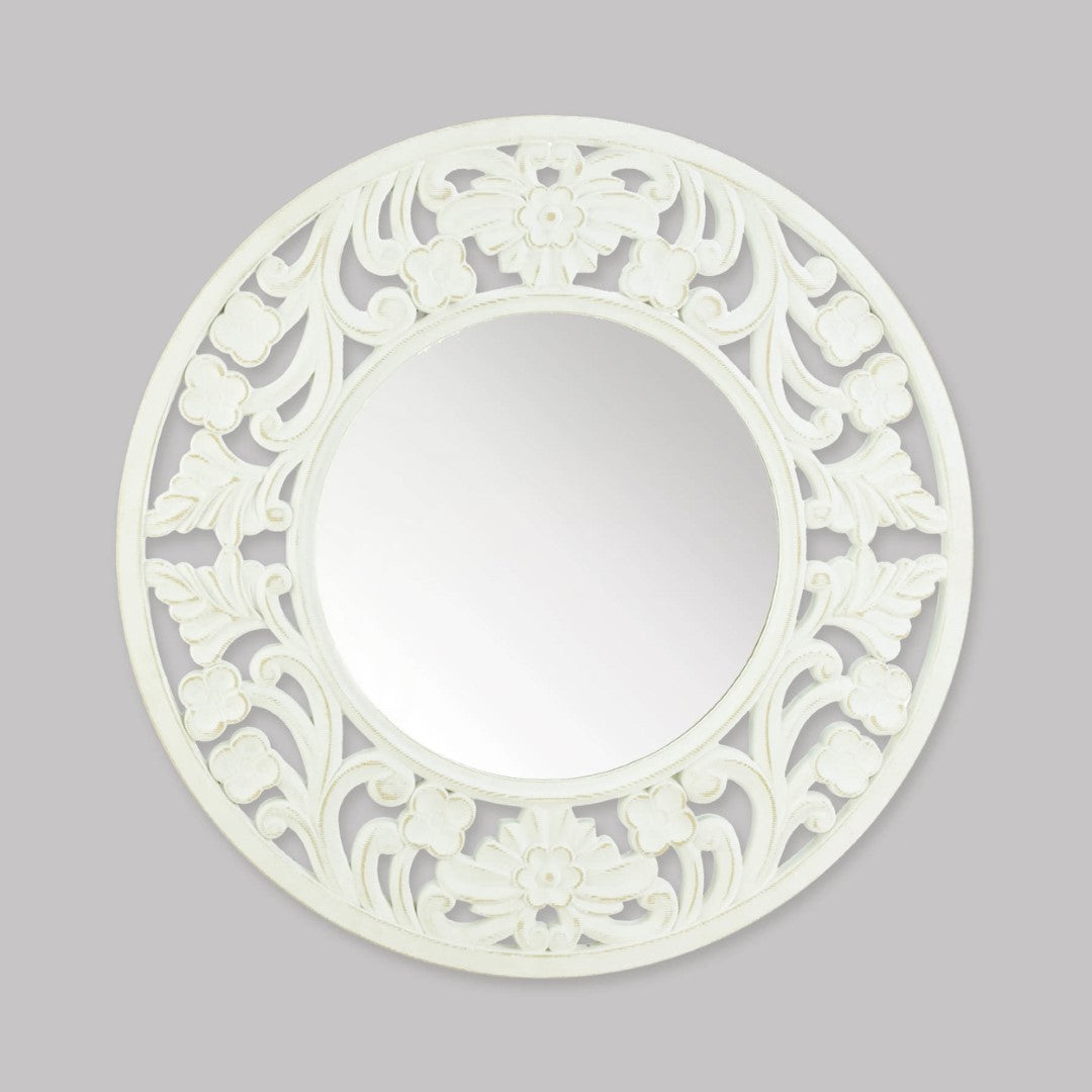 Carved Round White Wall Mirror 