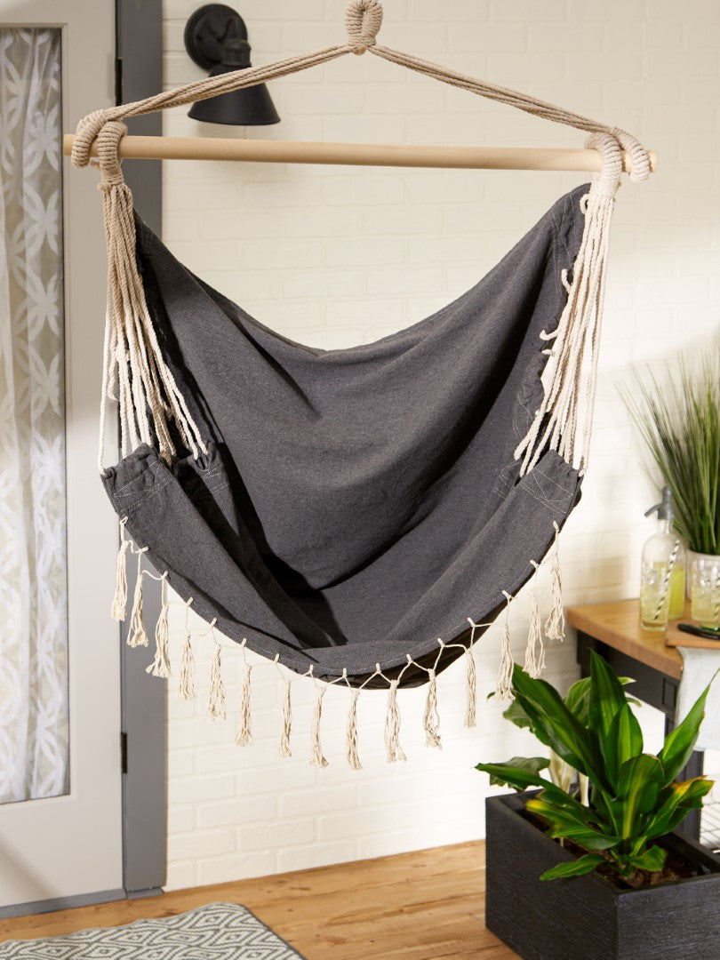 Gray Hammock Chair With Fringe Trim 