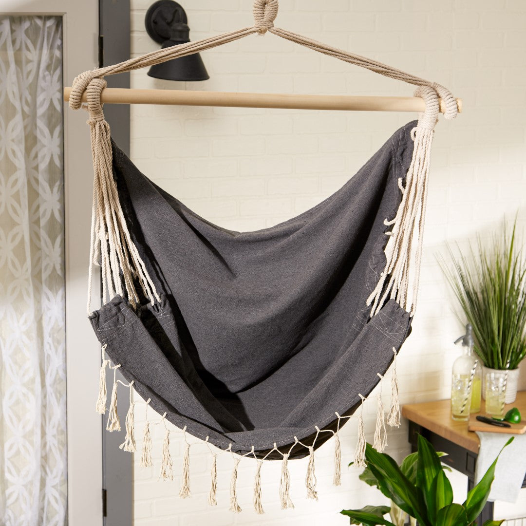 Gray Hammock Chair With Fringe Trim 