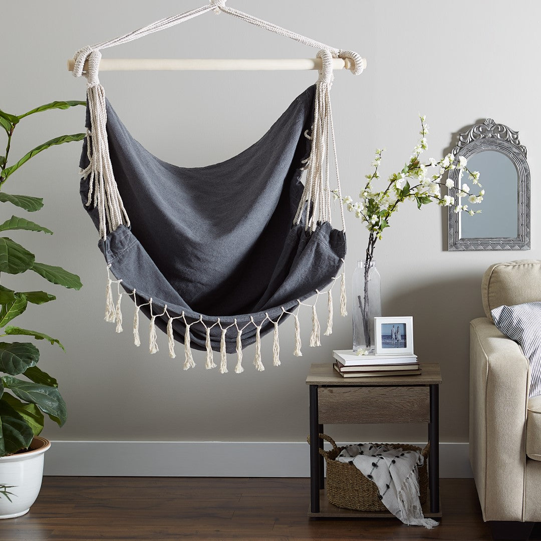 Gray Hammock Chair With Fringe Trim 