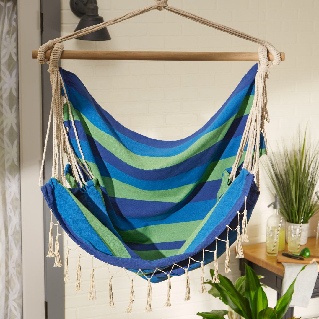 Blue Lagoon Stripe Hammock Chair With Fringe Trim 