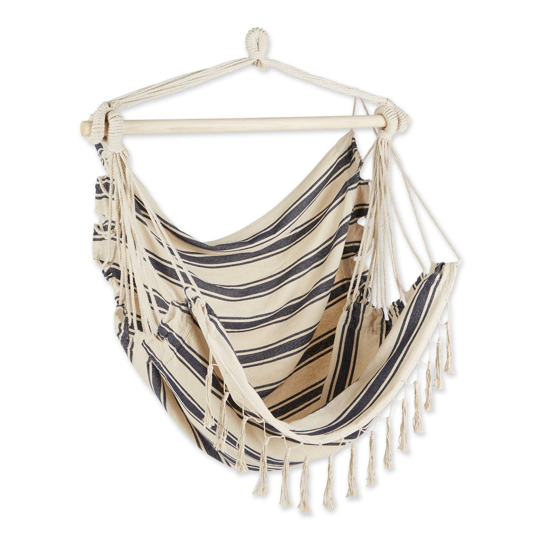 Blue And Cream Ticking Stripe Hammock Chair With Fringe Trim 