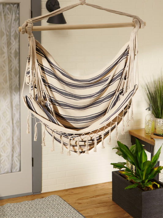 Blue And Cream Ticking Stripe Hammock Chair With Fringe Trim 