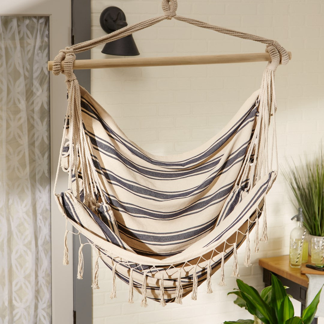 Blue And Cream Ticking Stripe Hammock Chair With Fringe Trim 