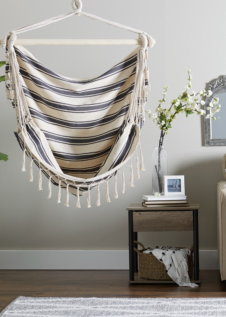 Blue And Cream Ticking Stripe Hammock Chair With Fringe Trim 