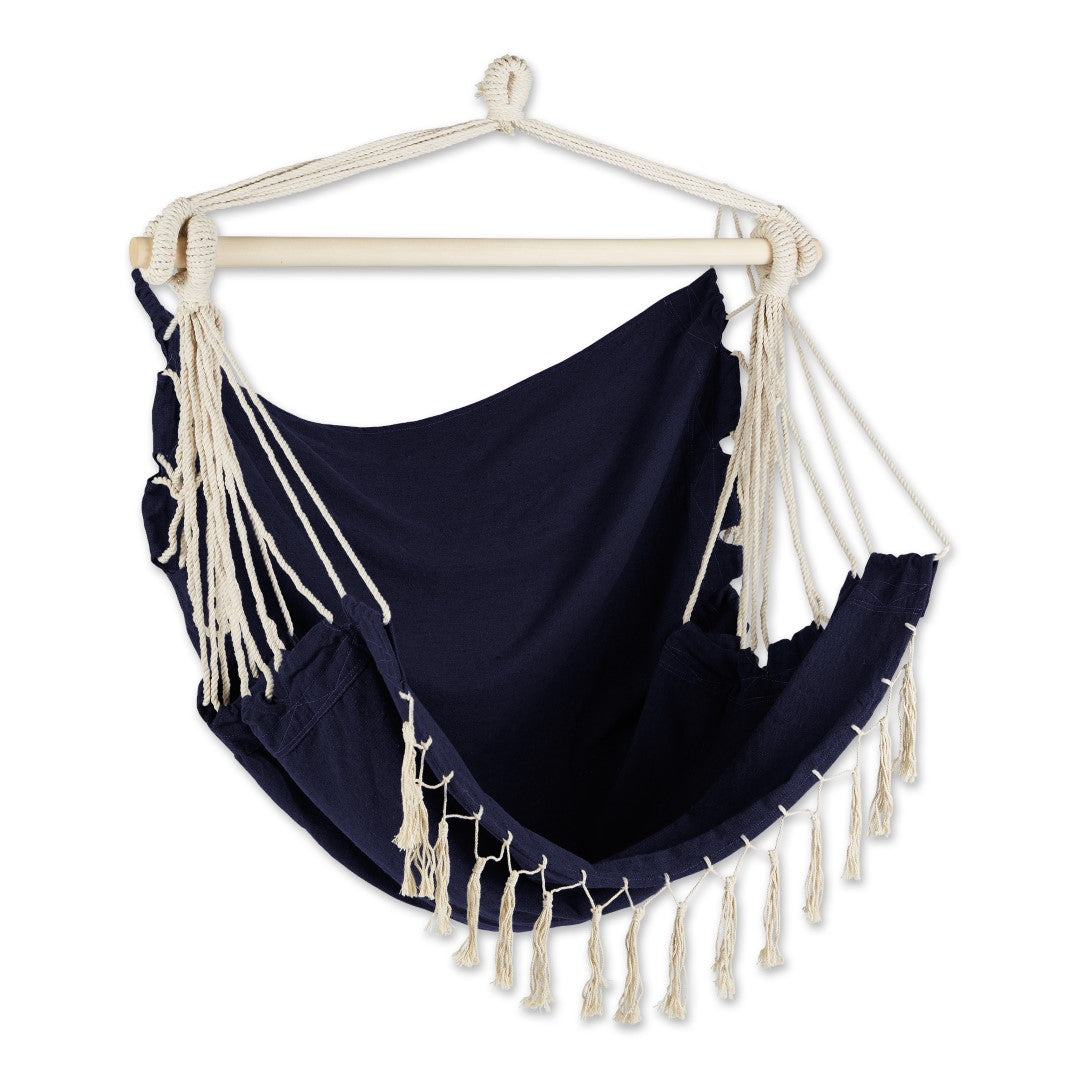 Blue Chambray Hammock Chair With Fringe Trim 