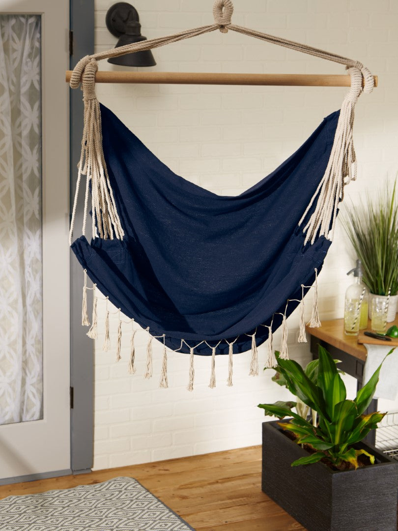 Blue Chambray Hammock Chair With Fringe Trim 