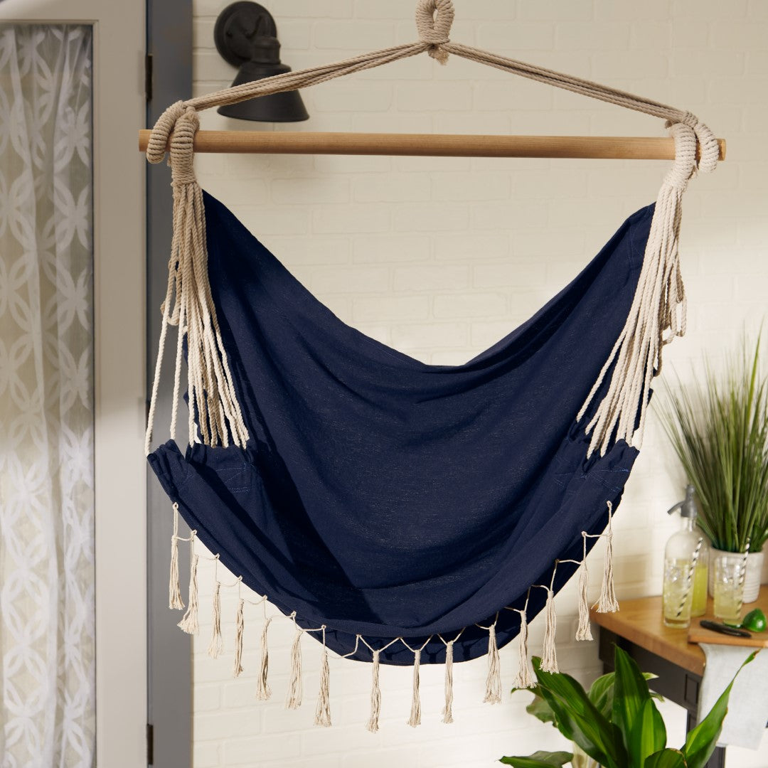 Blue Chambray Hammock Chair With Fringe Trim 