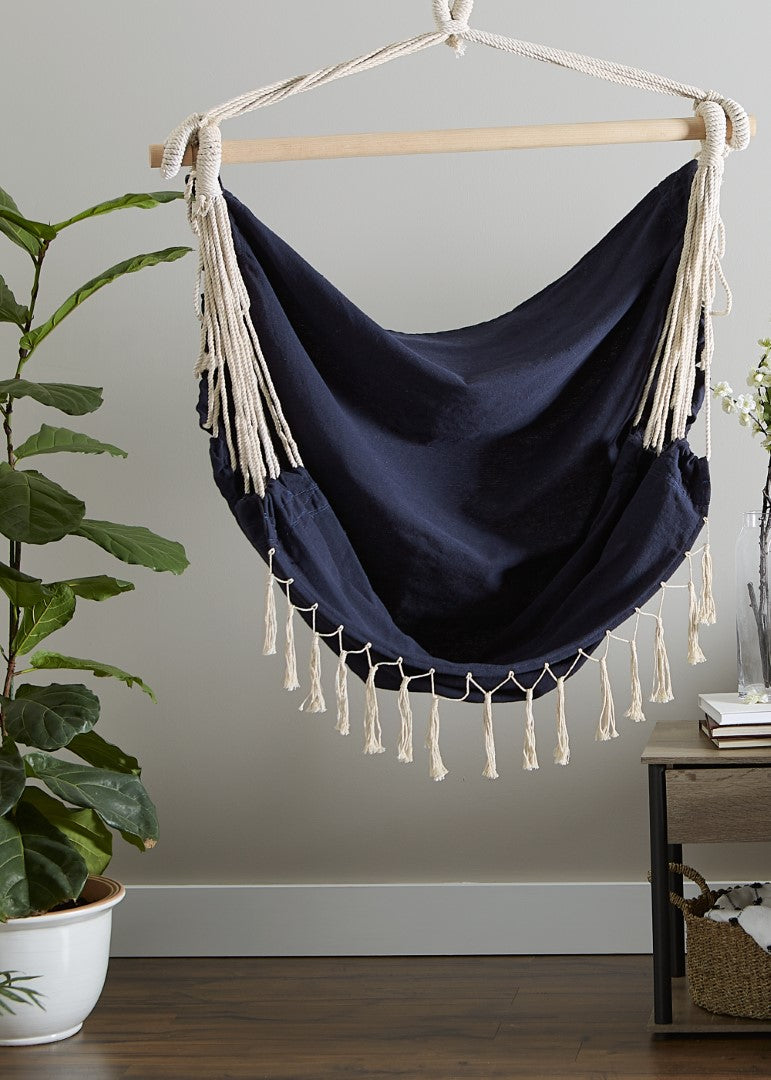 Blue Chambray Hammock Chair With Fringe Trim 