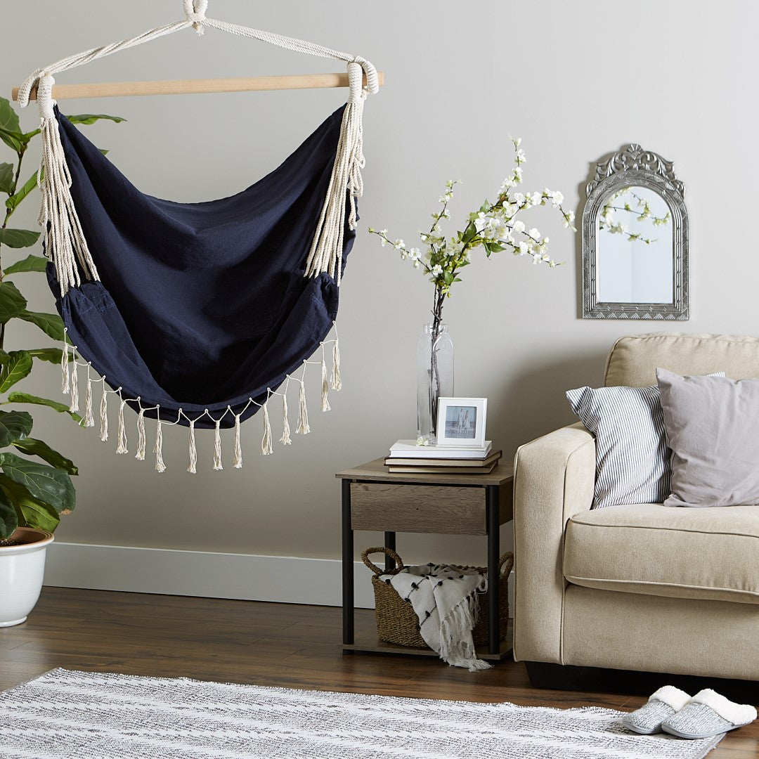 Blue Chambray Hammock Chair With Fringe Trim 