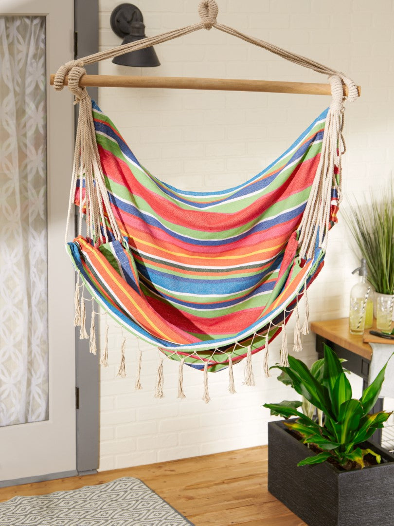 Summer Stripe Hammock Chair With Fringe Trim 