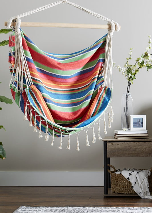 Summer Stripe Hammock Chair With Fringe Trim 