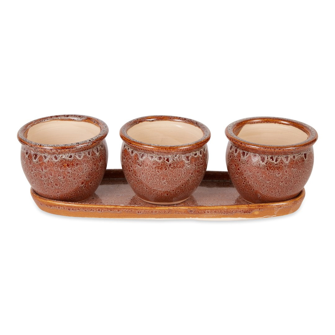 Brown Round Ceramic Small Planter Set Of 3