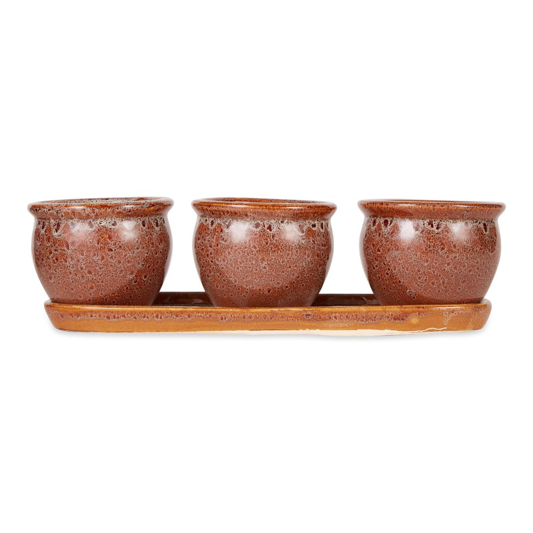 Brown Round Ceramic Small Planter Set Of 3