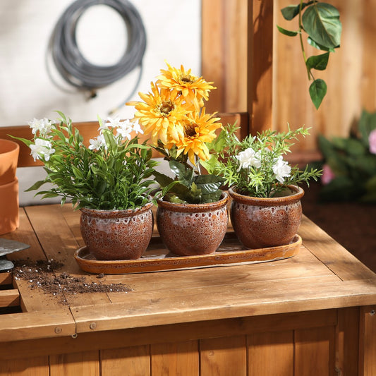 Brown Round Ceramic Small Planter Set Of 3