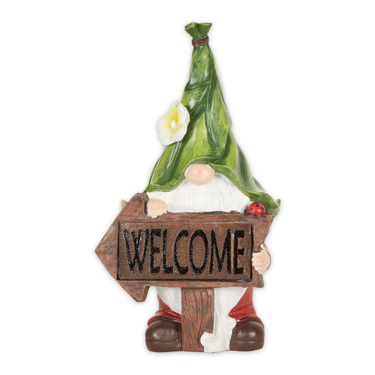 Gnome With Glowing Welcome Sign Solar Statue