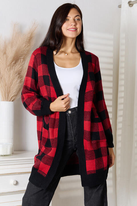 Heimish Full Size Plaid Open Front Cardigan with Pockets