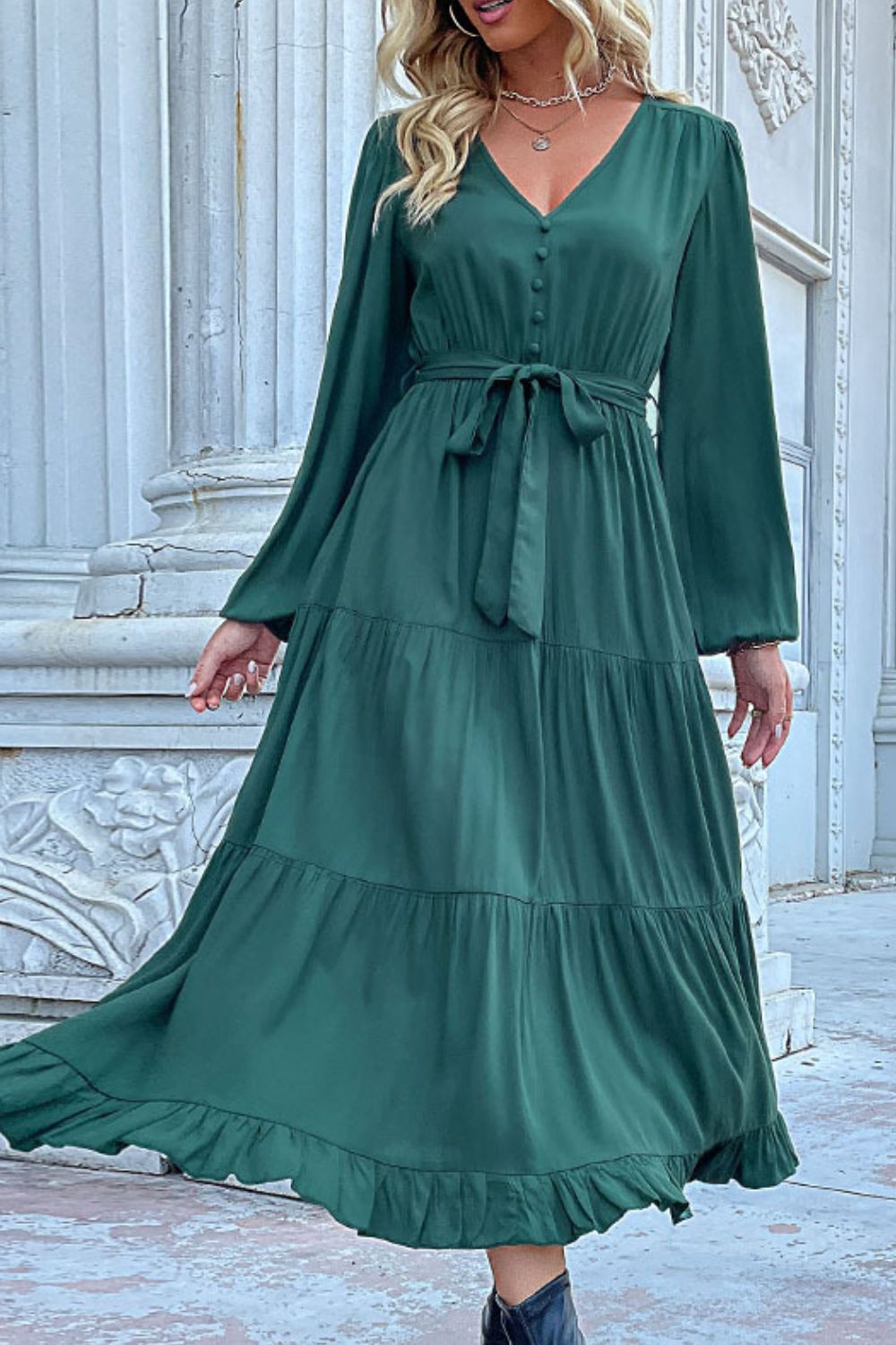 Buttoned V-Neck Puff Sleeve Tiered Dress