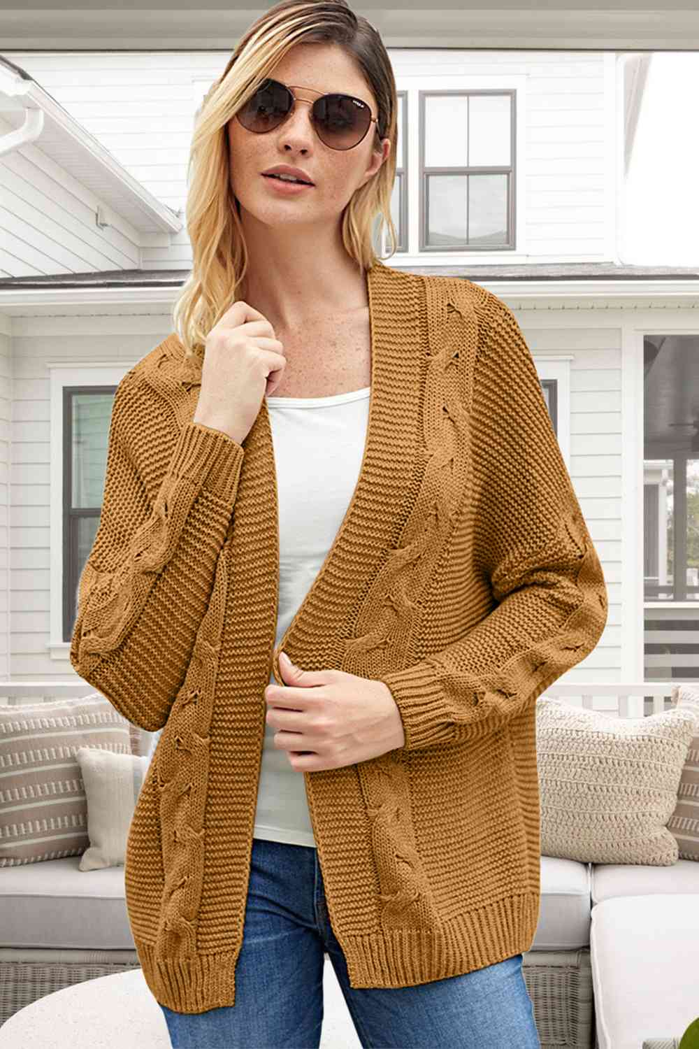 Cable-Knit Open Front Long Sleeve Cardigan