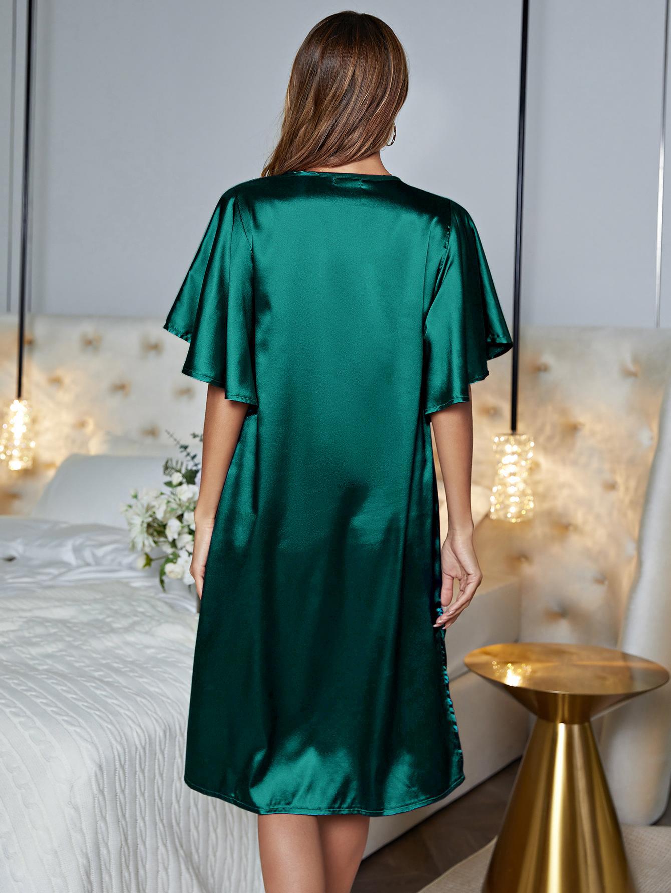 Flutter Sleeve V-Neck Side Slit Night Dress