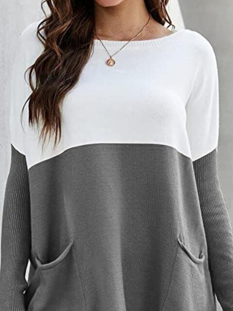 Two Tone Pullover Sweater with Pockets